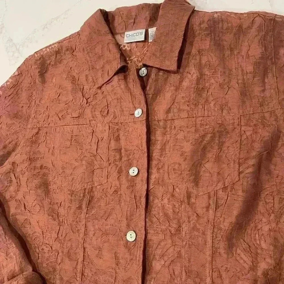 Chicos Sheer Floral Copper Brown Long Sleeve Button Up Blouse Chicos2 WomenLarge - Picture 2 of 5